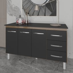 Armário Deise Cozinha Gabinete de Pia 150 Cm Savana Preto e Tampo Tampão 150 Cm Mobília Decor Preto - 3