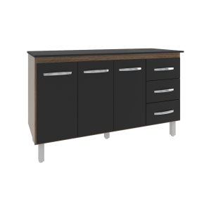 Armário Deise Cozinha Gabinete de Pia 150 Cm Savana Preto e Tampo Tampão 150 Cm Mobília Decor Preto