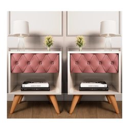 Conjunto Quarto 1 Cabeceira 1.40+ 2 Mesas Glamour Estofada Pé Madeira  Pé em Madeira Maciça - 2