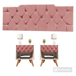 Conjunto Quarto 1 Cabeceira 1.40+ 2 Mesas Glamour Estofada Pé Madeira  Pé em Madeira Maciça - 1