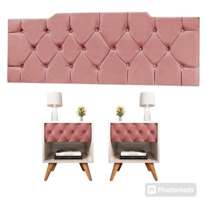 Conjunto Quarto 1 Cabeceira 1.40+ 2 Mesas Glamour Estofada Pé Madeira  Pé em Madeira Maciça