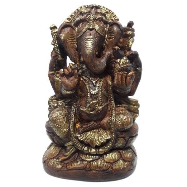 Ganesha com Pedestal e Pintura Efeito Madeira (15cm) - 1