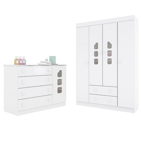Jogo de Quarto Infantil Anya Roupeiro e Cômoda Sapateira Branco - Bela Móveis