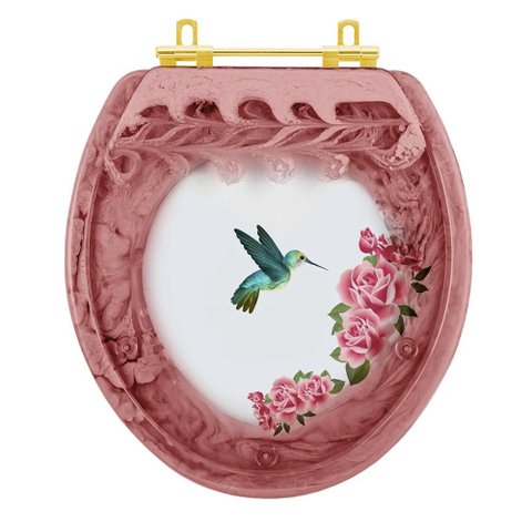 Assento Sanitário Poliester Decorada Convencional Rosa Quartzo Beija Flor com Ferragem Dourada