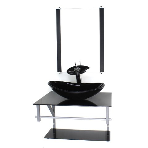 GABINETE DE VIDRO PARA BANHEIRO 60CM AC CUBA OVAL PRETO FULL COM TORNEIRA CASCATA