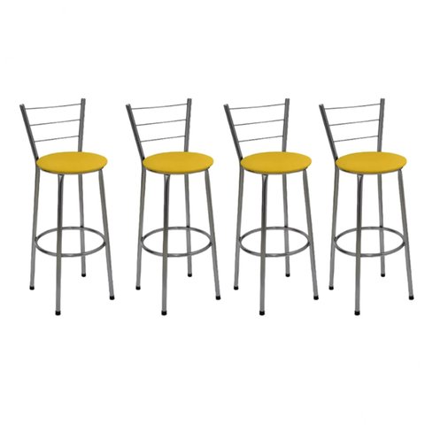 Kit 4 Banquetas Média Cromada Com Encosto Assento Amarelo