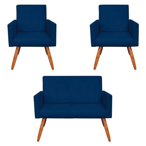 Kit 2 Poltronas e Namoradeira Nina Veludo Azul Marinho Pés Palito Castanho - Slk Decor
