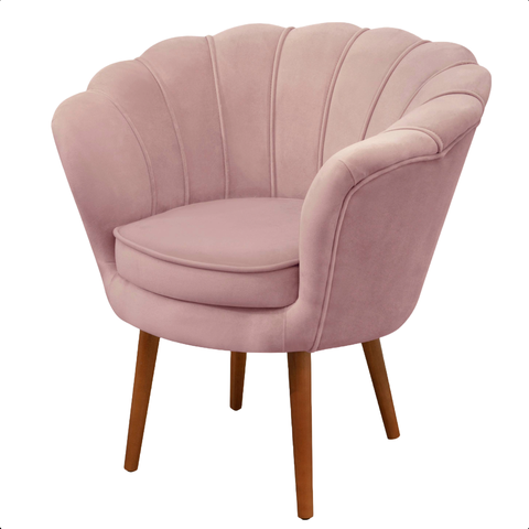 Poltrona Sala Decorativa Pétala Veludo Rosa Pés Palito Castanho