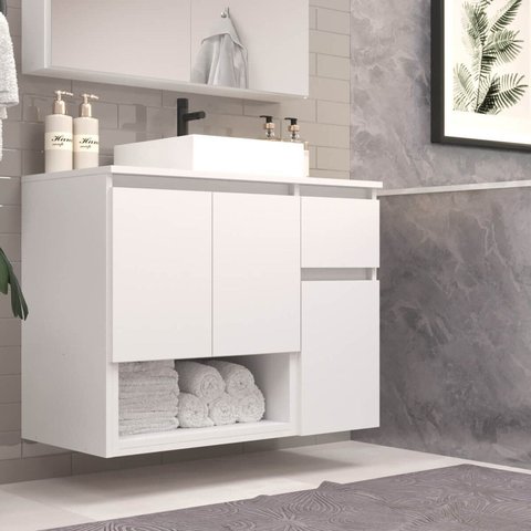 Gabinete Banheiro Suspenso 80cm com 03 Portas 01 Gaveta e Nicho com Cuba Aurora Branco