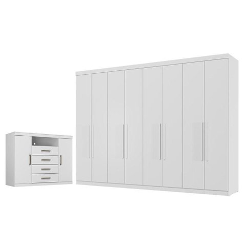 Guarda Roupa Casal Master New 8 Portas de Bater 4 Gavetas com Cômoda MDP Branco Brilho Santos Andir