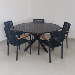 Conjunto - Mesa com 1,50mt de diâmetro com Cinco Cadeiras Joaquina - Alumínio e Corda Tricotada MÓVE - 1