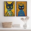 Ver imagem 1 de Kit 2 Quadros Gatos Vibrantes - Pop Arte 33x24cm - com Vidro:moldura Preta