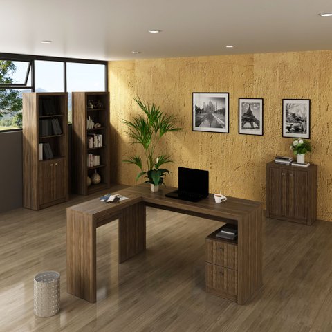 Conjunto de Escritório com Escrivaninha 04 pç CJ43018-044 Tecno Móbili - Tecno Móbili Nogal