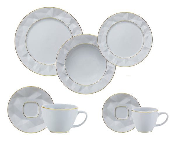 Jogo Jantar 42 Peças Porcelana Maldivas Branco Filete de Ouro