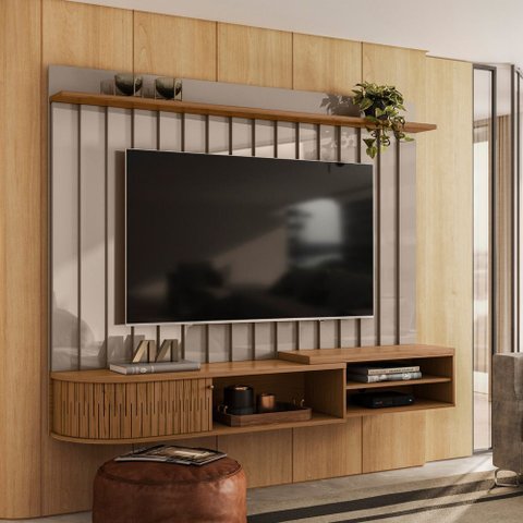 Painel Tv 75 Pol 207cm Bancada Suspensa para Sala Elvano Fendi/naturale M20 - D’Rossi