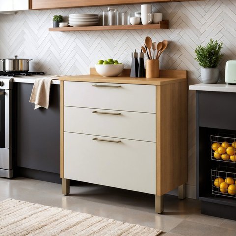 Balcão para Cozinha 1 Porta 3 Gavetas 80cm em MDF Nobre Bege/Cinamomo/Off White