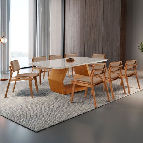 Sala de Jantar Mesa Ane 220cm Tampo Laqueado com Vidro Canto Moeda e 8 Cadeiras Eva