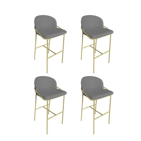 Kit 4 Banquetas Lívia Estofada Base Ferro Dourada Tecido Bouclê Grafite