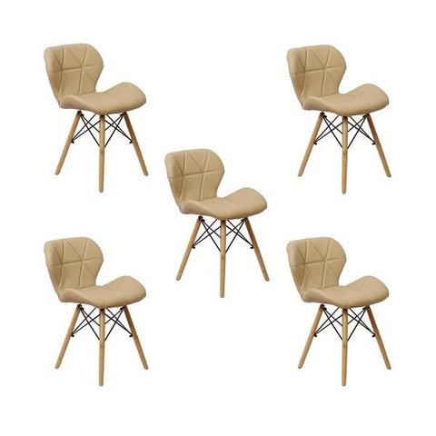 Kit 5 Cadeiras Charles Eames Eiffel Slim Wood Estofada - Nude