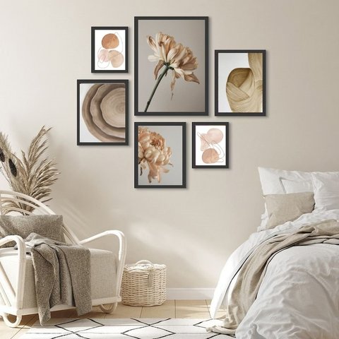 Composição Quadros Decorativos para Sala Nuances Bege:madeira Branca