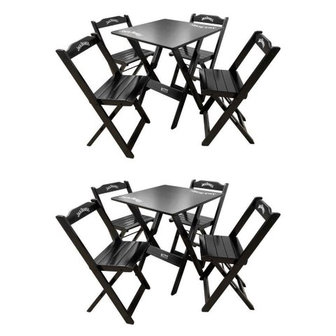 Kit 2 Conjuntos Mesa Dobrável Madeira 70x70 com 4 Cadeiras Personalizada Jack Preta - Tarimatã