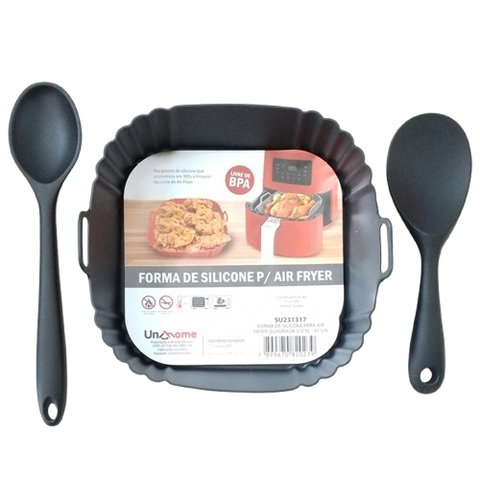 Kit 3 Peças Forro para Air Fryer Quadrada 21cm ,colher de 22 Cm e Colher de 27cm em Silicone Preto -