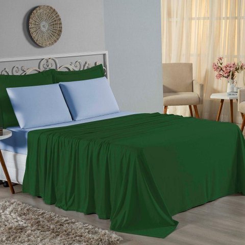 Jogo de Cama Casal Viúva Nobre 4 Peças Malha 100% Algodão - Verde-bandeira / Azul-bebê