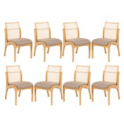 Kit 8 Cadeiras de Madeira Estofada para Mesa de Jantar Lisboa Linho Marrom com Encosto Rattan L87 Rm - 1