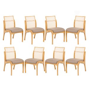 Kit 8 Cadeiras de Madeira Estofada para Mesa de Jantar Lisboa Linho Marrom com Encosto Rattan L87 Rm