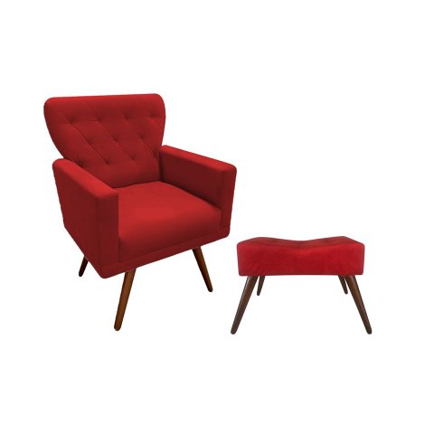 Kit Poltrona Decorativa Aurora + 1 Puff Retangular Suede Vermelho Pés Madeira Mz Decor