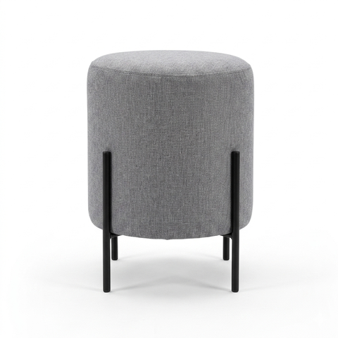 Puff Banqueta Decorativo Base Metal Tecido em Linho - Cinza/Preto