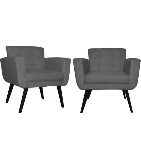 Kit 2 Poltronas Decorativa Geovana Suede Cinza Pés Madeira Ms Decor