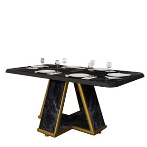 Mesa para Sala de Jantar Retangular Moderna Estampa Marmorizada:preto