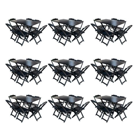Kit 9 Conjuntos De Mesa Dobravel Com 6 Cadeiras De Madeira 120X70 Para Restaurante E Bar - Preto