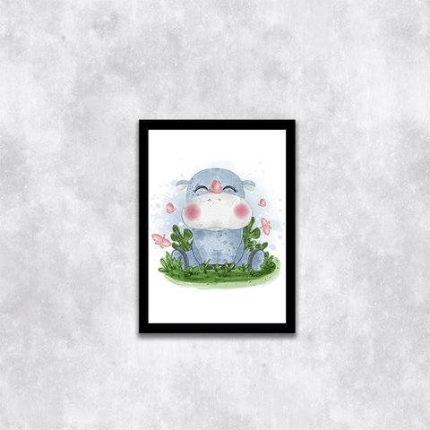 Quadro Infantil Estilo Aquarela Hipopótamo 33x24cm - com vidro:Madeira preta