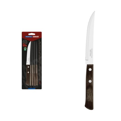 Conjunto de Facas para Churrasco Tramontina 5" em Aço Inox com Cabo Castanho Polywood 6 Peças