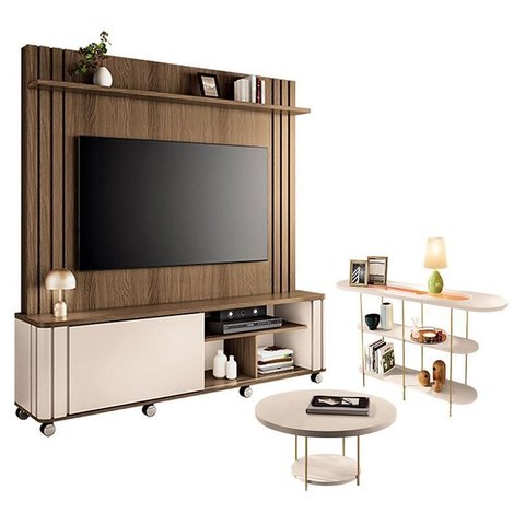 Estante Home Theater Trinus Castanho Off White com Mesa de Centro Sky e Aparador Infinity Off White