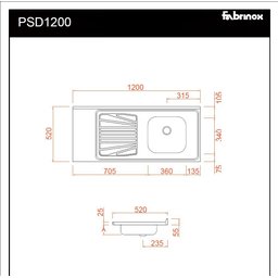 Pia Inox Fabrinox PSD1200D 120x52cm, cuba direita e furo para torneira - 2