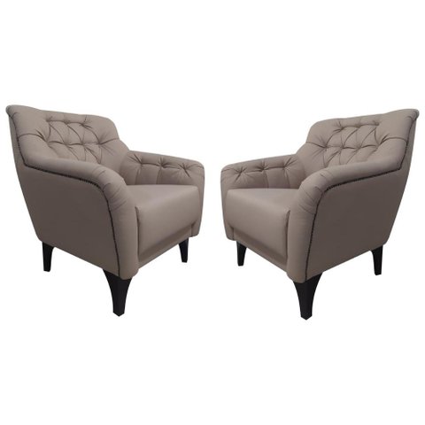02 Poltronas Decorativas em Linho Bege Escuro com Tachas e Pés de Madeira Maciça Shaula Harmô