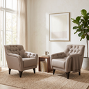 Ver imagem 1 de 02 Poltronas Decorativas em Linho Bege Escuro com Tachas e Pés de Madeira Maciça Shaula Harmô