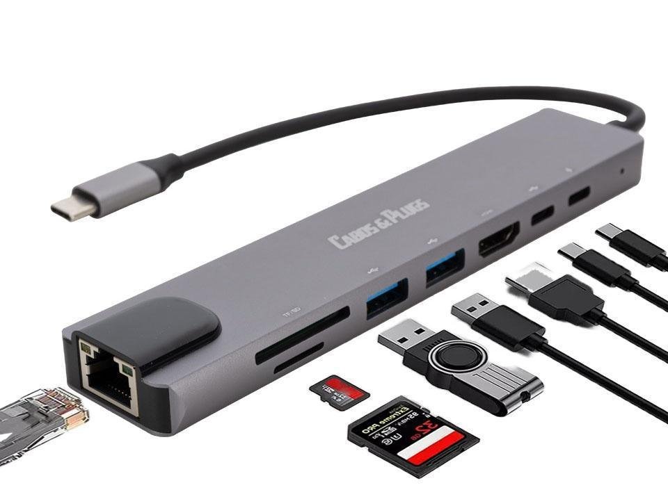 Hub Usb C Type C 8 Portas 4k Carregador 2 Usb-c 3.0 Rj45 Lan