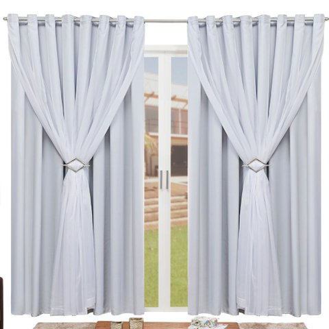 Cortina para Sala Blackout Tecido Com Voil + Presilha Ilhós Cromado 4,00m X 2,60m:Gelo