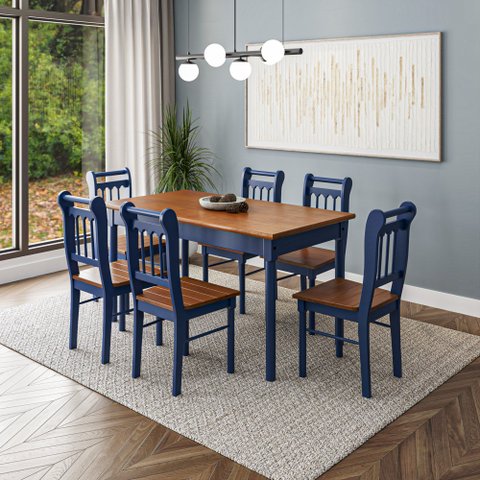 Conjunto Sala de Jantar com 6 Cadeiras Ripadas Madeira Maciça Mv Azul