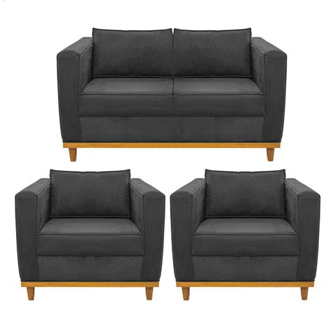Kit Sofá 2 Lugares e 2 Poltronas Europa Linho ADJ Decor - Chumbo