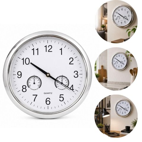 Relogio Parede Termometro Higrometro Prata Decorativo Moderno Luxo Ilustrativo Sala Escritorio Cozin