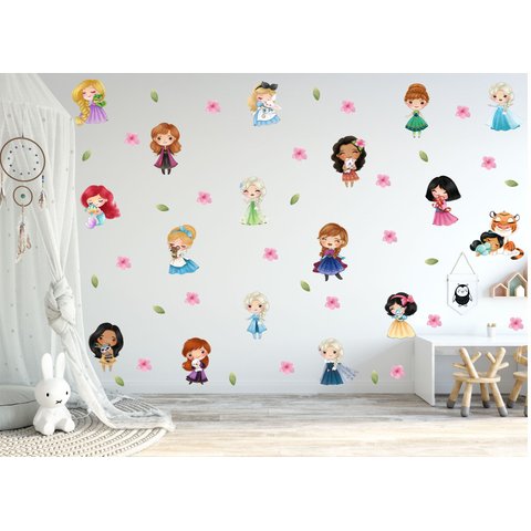 Adesivo de Parede Princesas Cute e Pets Aquarela