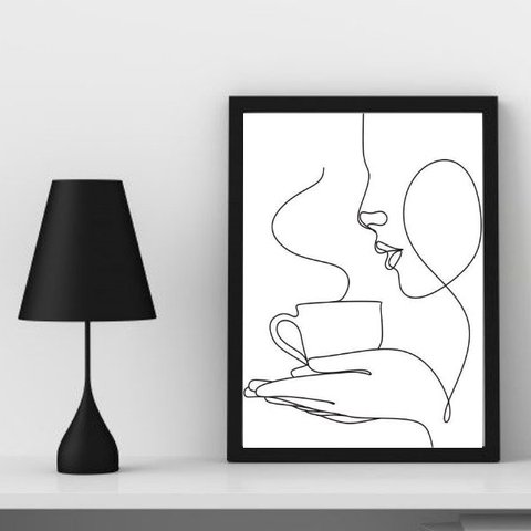 Quadro Decorativo Minimalista Café One line 24x18cm - com Vidro:madeira Branca
