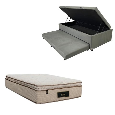 Cama Box Baú Solteiro com Auxiliar (Bicama) + Colchão Cloud Molas Ensacadas c/Pillowtop 32cm | Kit C