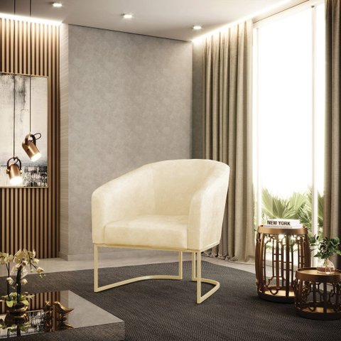 Poltrona Sala Decorativa Stella Base Industrial Champanhe Sintético Pu Bege D03 - D’Rossi
