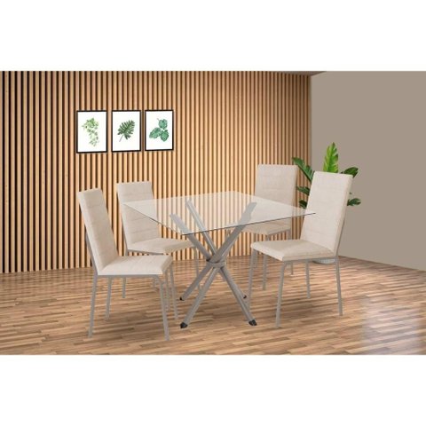 Sala de Jantar Completa Volga C/ Tampo de Vidro 90cm e 4 Cadeiras Amsterdã Niquel - Courano Bege -